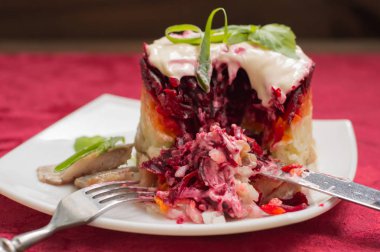 Shuba salata. Pancar, havuç, patates, soğan, ringa balığı ve mayonez pişmiş. Klasik Rus yemekleri. Restoran kaynağı. Yakın çekim