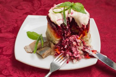 Shuba salata. Pancar, havuç, patates, soğan, ringa balığı ve mayonez pişmiş. Klasik Rus yemekleri. Restoran kaynağı. Yakın çekim