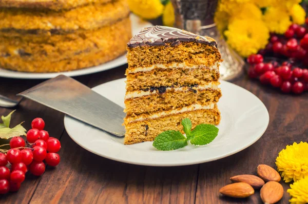 Traditional Hungarian Esterhazy cake .selective focus .  with chocolate piece  a name of the : — Stock Photo, Image