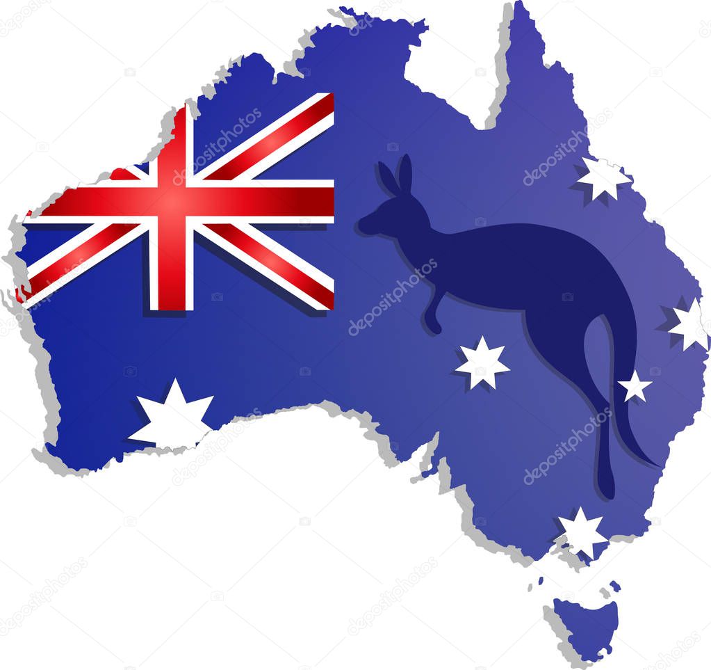 Happy Australia day lettering. Map of  with flag on a blue background