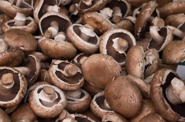 Taze champignon mantar piyasada. Üstten Görünüm. Yakın çekim