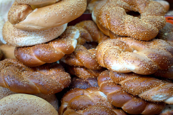 Bakery products on the market. Top view. Close-up