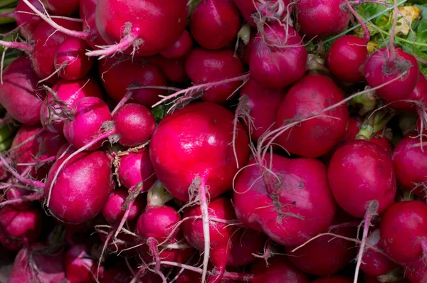 Radis à vendre sur le marché. Contexte agricole. Vue de dessus. Gros plan — Photo