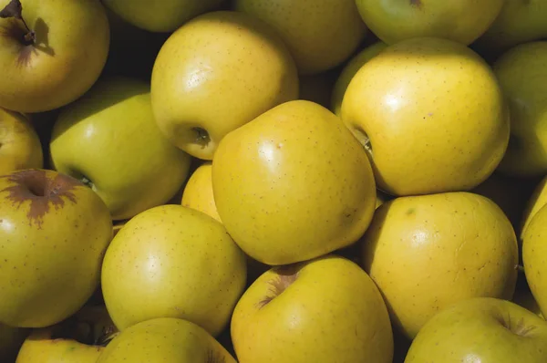 Sarı elma pazarında Satılık. Arka plan tarım. Yakın çekim. Üstten Görünüm — Stok fotoğraf