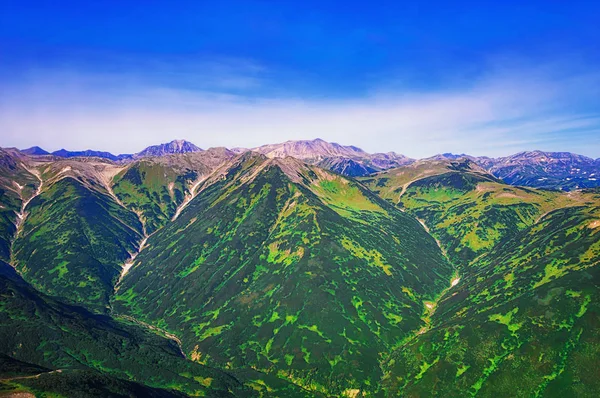 Kamçatka. Vahşi doğa. Yeşil alanlar ve volkanlar. Helikopterden görüntülemek. — Stok fotoğraf