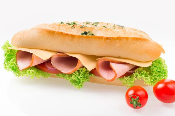 Sandwich with ham and vegetables isolated on white background — Stock Photo, Image