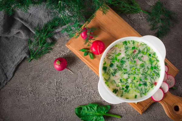 Zomer yoghurt koude soep met radijs, komkommer en Dille op houten tafel. Okrosjka — Stockfoto