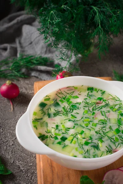 Soupe froide au yaourt d'été avec radis, concombre et aneth sur une table en bois. Okroshka — Photo