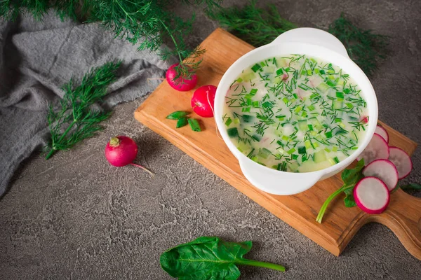 Zomer yoghurt koude soep met radijs, komkommer en Dille op houten tafel. Okrosjka — Stockfoto