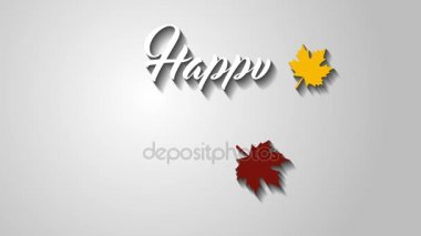 4 k Şükran Günü tebrik kartı Happy Thanksgiving animasyon metin yazı ile. Ifinity döngü Şükran günü kartı. Beyaz metin. Gri arka plan. Sarı ve kahverengi yaprak. Whith gölgeler.
