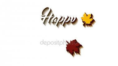 4 k Şükran Günü tebrik kartı Happy Thanksgiving animasyon metin yazı ile. Ifinity döngü Şükran günü kartı. Beyaz metin ve arka plan. Sarı ve kahverengi yaprak. Whith gölgeler.