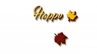 4 k Şükran Günü tebrik kartı Happy Thanksgiving animasyon metin yazı ile. Ifinity döngü Şükran günü kartı. Sarı metin ve beyaz arka plan. Sarı ve kahverengi yapraklar. Whith gölgeler.