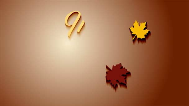 4K Thanksgiving greeting card with Happy Thanksgiving animation lettering text. Ifinity loop thanksgiving card. Yellow text and brown background. Yellow and brown leafs. Animate shadows. — Stock Video