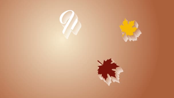 Tarjeta de felicitación 4K Thanksgiving con texto de animación Happy Thanksgiving. Tarjeta de Acción de Gracias de lazo de finidad. Texto blanco. Fondo marrón. Hojas amarillas y pardas. Sombras blancas . — Vídeo de stock