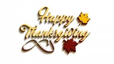4 k Şükran Günü tebrik kartı Happy Thanksgiving metin yazı ile. Ifinity döngü Şükran günü kartı. Sarı metin ve beyaz arka plan. Sarı ve kahverengi yaprak. Animasyon gölgeler.