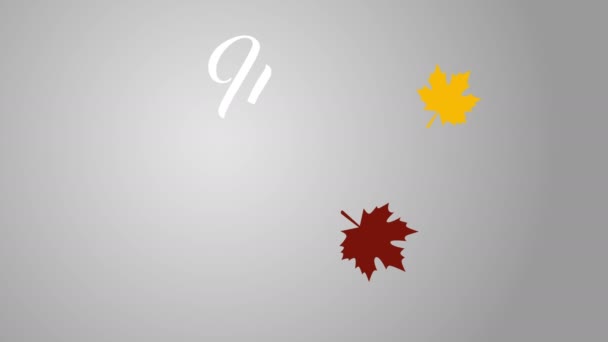 Carte de vœux 4K Thanksgiving avec texte de lettrage d'animation Happy Thanksgiving. Carte d'action de grâce en boucle infinie. Texte blanc. Fond gris. Feuilles jaunes et brunes. Plat . — Video