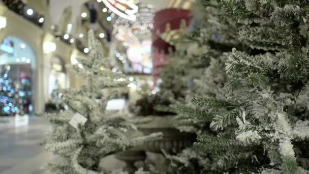 Neujahr und Weihnachten gefrorenen Baumschmuck in Einkaufszentrum — Stockvideo