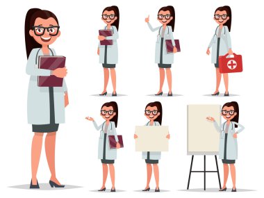 Karakter kadın doktor çeşitli teşkil etmektedir ayarlayın. Medica için öğe