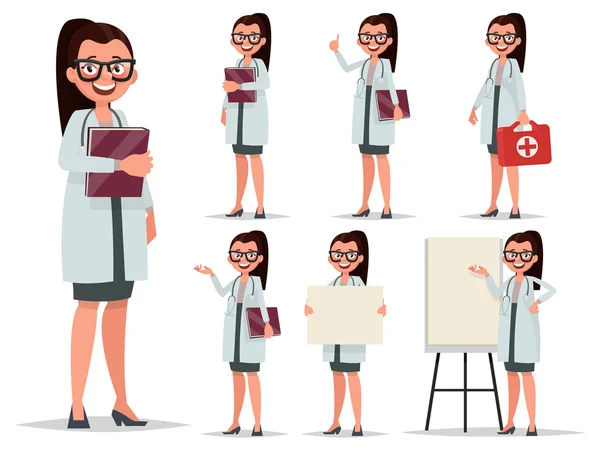 Set karakter vrouwelijke arts in verschillende poses. Element voor medica — Stockvector