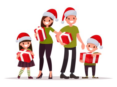 Noel hediye ile mutlu bir aile. Bir f vektör çizim