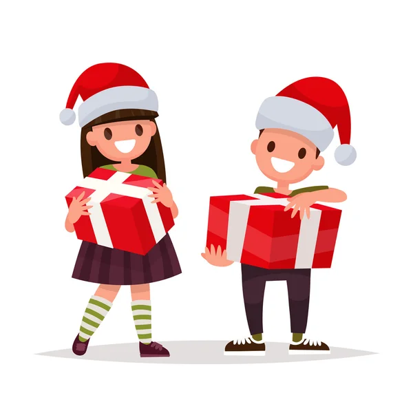 Glückliche Jungen und Mädchen mit Weihnachtsgeschenken. Vektor-Abbildung von — Stockvektor