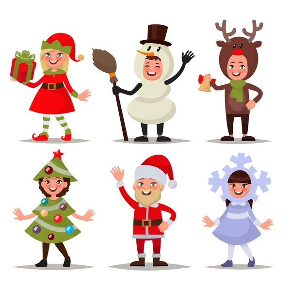 Conjunto de niños felices vestidos con disfraces de Navidad. Elfo, la nieve — Vector de stock