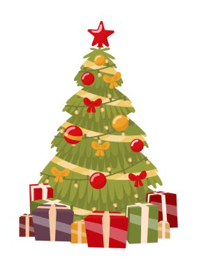Noel ağacı ve hediyeler. Düz bir tasarım vektör çizim