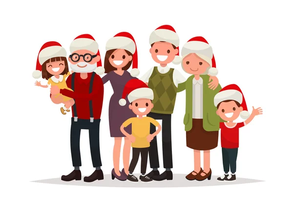 Велика щаслива сім'я в різдвяних капелюхах. Бабусі і дідусі, батьки і ч — стоковий вектор