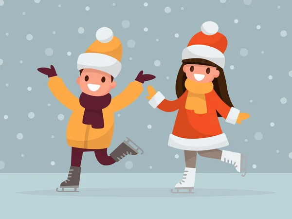 Boy and girl are ice-skating. Vector illustration of a flat desi — Stock Vector