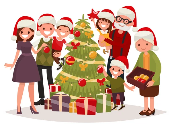 ครอบครัวที่มีความสุขขนาดใหญ่ ตกแต่งต้นคริสต์มาส รูปภาพเวกเตอร์ — ภาพเวกเตอร์สต็อก