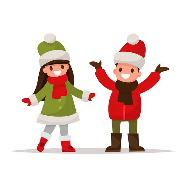 Children dressed in winter clothes. Vector illustration of a fla — Stock Vector