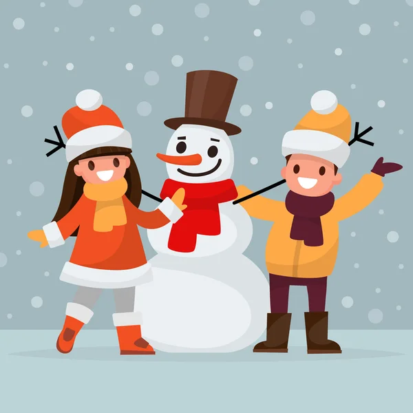 Τα παιδιά κάνουν έναν χιονάνθρωπο. Εικονογράφηση διάνυσμα μια επίπεδη σχεδίαση — Διανυσματικό Αρχείο