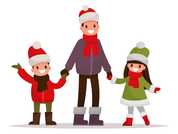 Dad with kids dressed in winter clothes outdoor. Vector illustra — Stock Vector