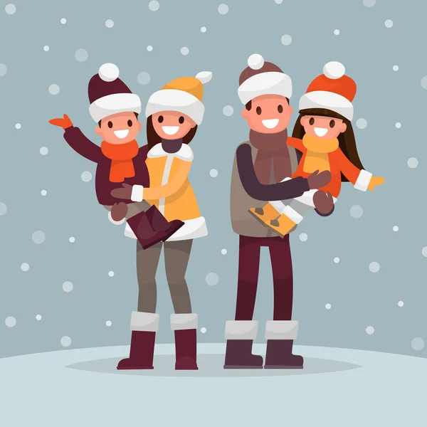 Family winter portrait. Dad Mother and kids outdoors. Vector ill — Stock Vector