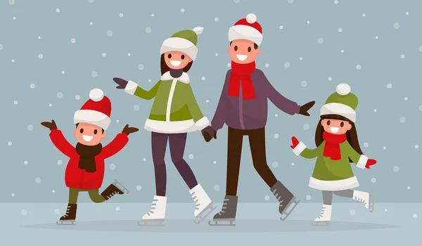 Family  ice-skating outdoors. Vector illustration of a flat desi — Stock Vector