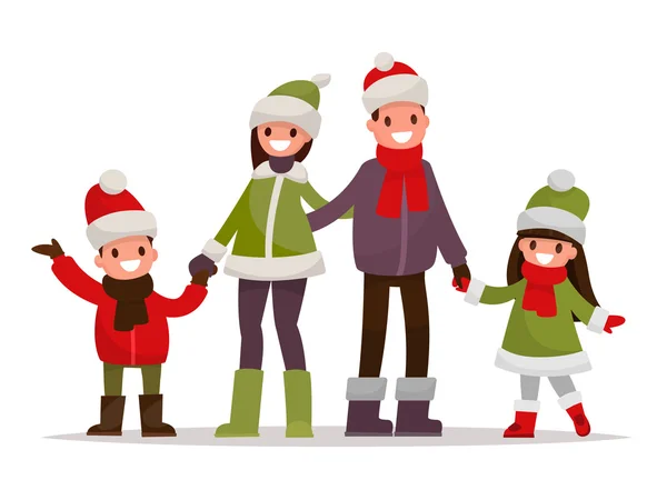 Happy family dressed in winter clothes on a white background. Ve — Stock Vector