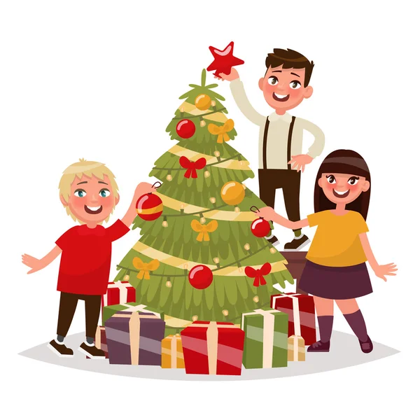 Los niños felices decoran el árbol de Navidad. Ilustración vectorial — Vector de stock