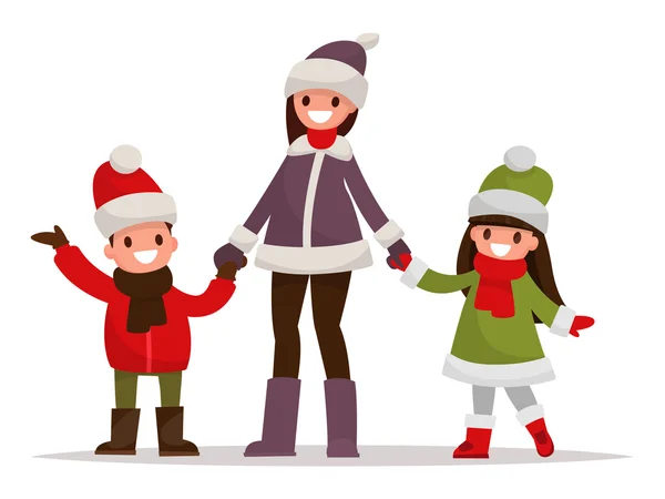 Mom with kids dressed in winter clothes outdoor. Vector illustra — Stock Vector