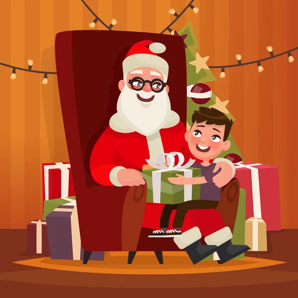 Papá Noel con un niño sentado en una silla. Ilustración vectorial — Vector de stock