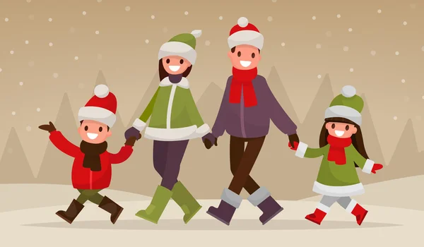 Walking happy family outdoors in winter. Vector illustration of — Stock Vector