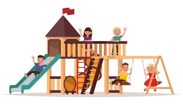Children play on the playground on a white background. Vector il — ストックベクタ