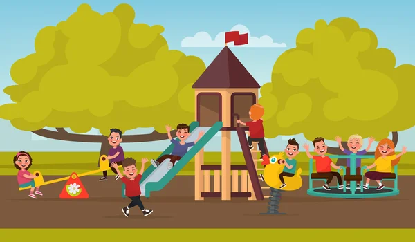 Feliz infancia. Niños en el patio de recreo balanceándose en un columpio — Vector de stock