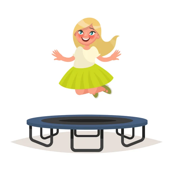 Happy girl jumping on a trampoline. Vector illustration — Stock Vector