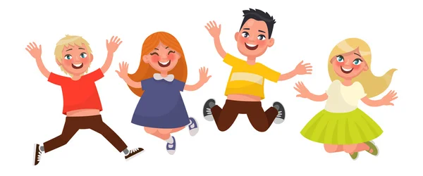 Happy childhood. Funny kids are jumping on a white background. V — Stock Vector