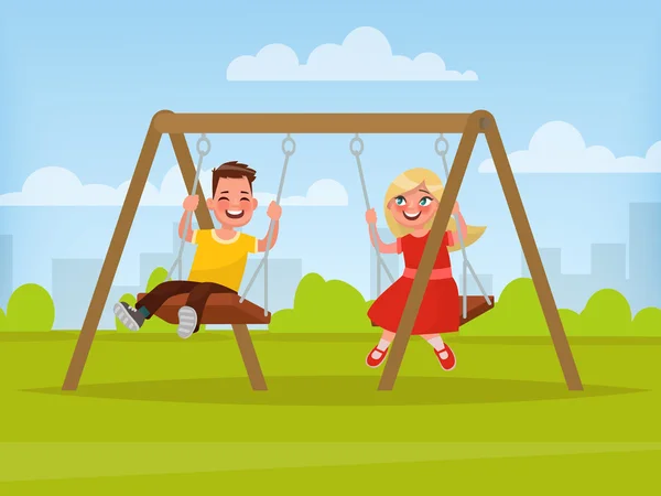 Playground. Children swinging on a swing. Vector illustration — Διανυσματικό Αρχείο