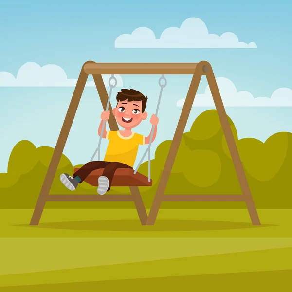 Spielplatz. fröhlicher Junge, der auf einer Schaukel schwingt. Vektorillustration — Stockvektor
