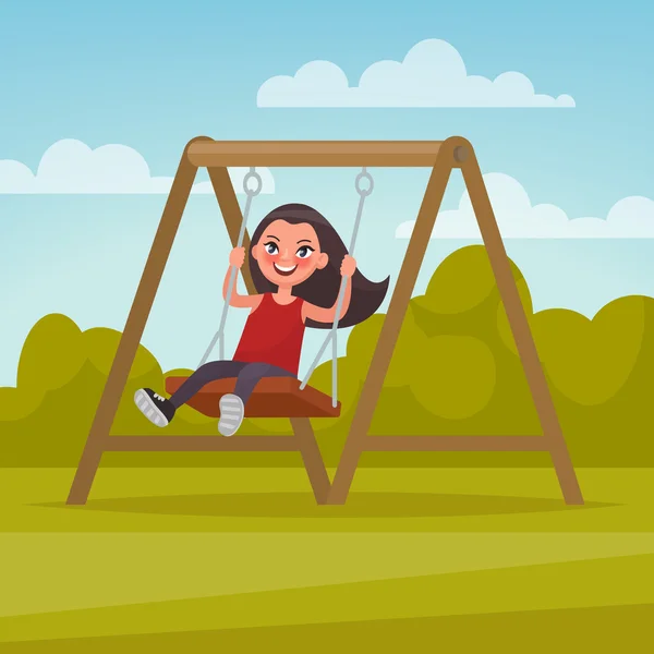 Playground. Girl swinging on a swing. Vector illustration — Διανυσματικό Αρχείο