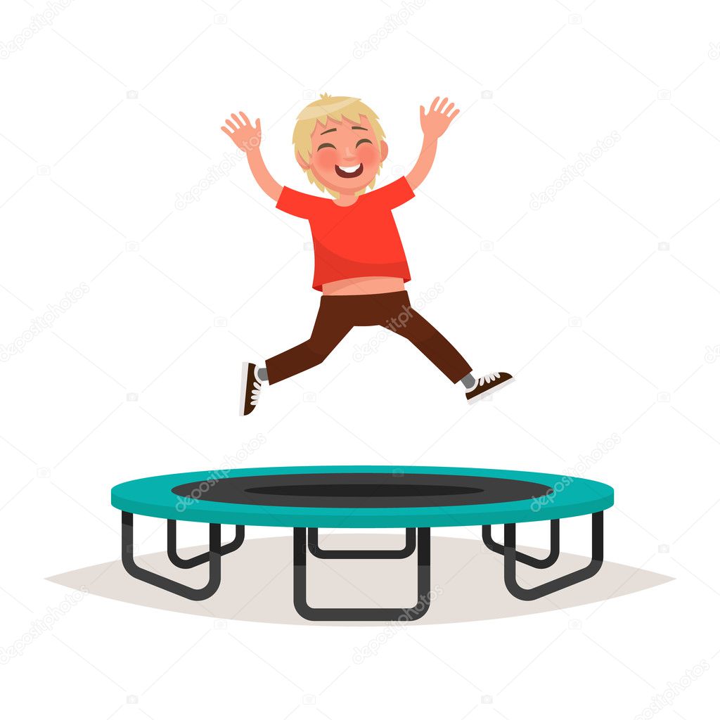Happy boy jumping on a trampoline. Vector illustration