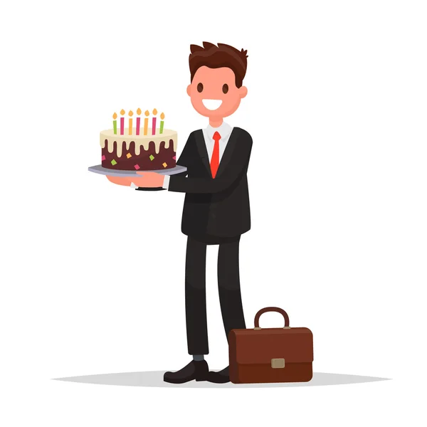 在工作的生日。办公室员工或商人持有一个蛋糕. — 图库矢量图片