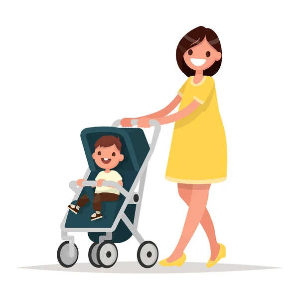 Moederschap. Gelukkig jonge moeder met de baby in de kinderwagen. Vector — Stockvector